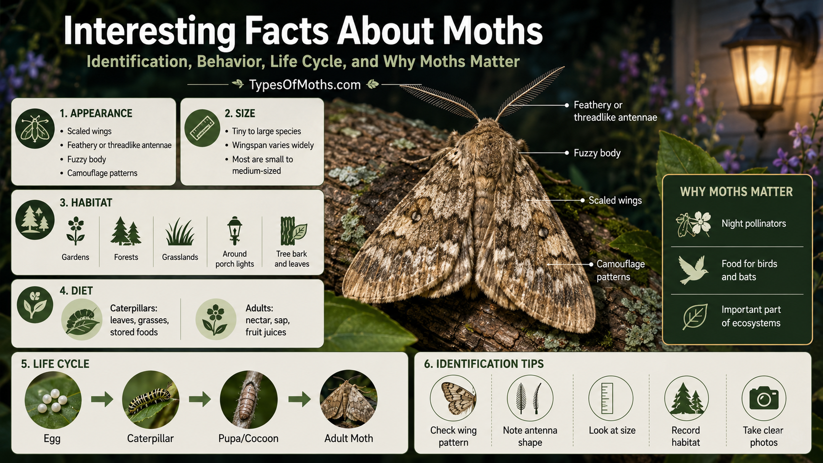 interesting facts about moths identification, behavior, life cycle, and why moths matter